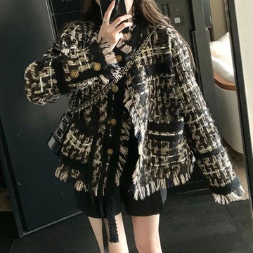 FFmiss◆小香風編織毛毛流蘇羊毛呢短外套女秋重工加厚粗花呢開衫