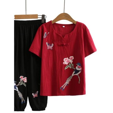 中老年人純棉T恤兩件套時尚洋氣繡花短袖媽媽夏裝民族風奶奶套裝