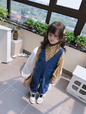 春秋季新款 中小童個性兒童休閑褲 女童寶寶舒適牛仔背帶褲1入
