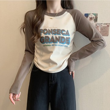 多色可選 正肩長袖 長袖t恤女 修身短款上衣 多巴胺秋季上衣 穿搭設計感內搭 插肩袖小個子上衣 抽繩上衣 打底衫女
