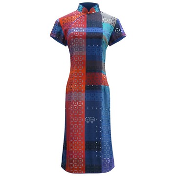 【富貴銅錢】經典紅白藍真絲長衫旗袍 | 國潮港風新中式