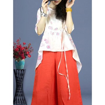 洛云謠夏季原創碎花燕尾苧麻襯衫文藝復古休閑設計感不規則上衣女