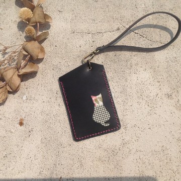 【屆時皮革】貓咪證件夾悠遊卡套卡片套手挽式手工縫製真皮粉紅貓