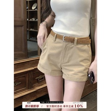 愉悅喻悅卡其色卷邊休閑短褲女春季韓系通勤高腰直筒寬松百搭褲子