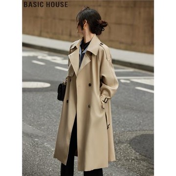 Basic House/百家好高級感英倫風收腰風衣女2025秋冬新款大衣外套