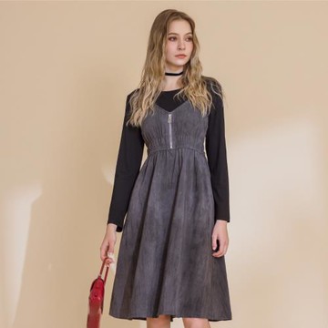 【YUTZUYA 優姿雅】個性時尚拉鍊拼接假兩件吊帶洋裝