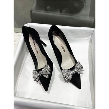 黑色高跟鞋女職業不累腳2024年新款法式名媛水鉆尖頭單鞋女鞋大碼