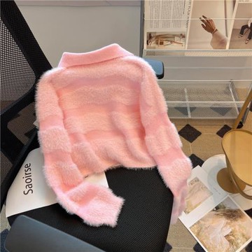 芭比粉polo領條紋毛衣女秋冬慵懶寬松打底針織衫短款字母刺繡上衣