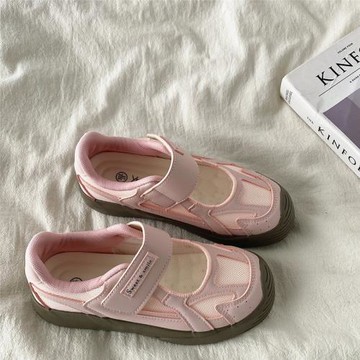 喜叔粉色瑪麗珍鞋子女秋季丑萌鏤空德訓運動鞋單網休閑魔術貼板鞋