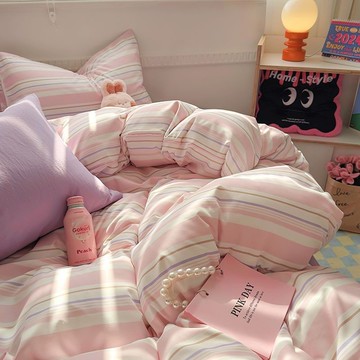 美拉德條紋水洗棉床上四件套ins風小清新床單被套宿舍床包三件套
