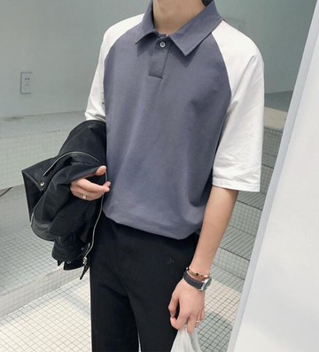 FINDSENSE MD 韓國 潮 男 時尚 休閒 翻領 寬鬆 五分袖 拼色 POLO衫 短袖T恤 短袖襯衫