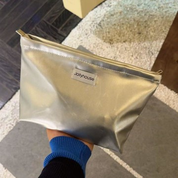 INS風銀色PU化妝包 大容量便攜洗漱收納包 皮革手拿包