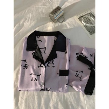 冰絲睡衣女款2024新款夏季高級感黑色貓咪長袖薄款春秋家居服套裝