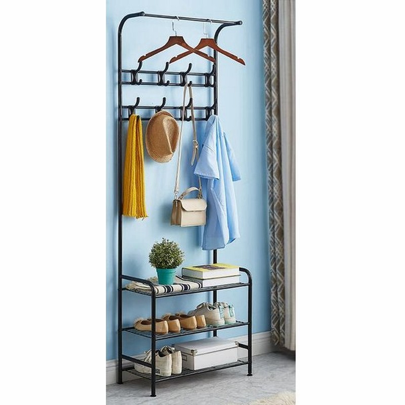ハンガーラック スリム おしゃれ 洋服掛け フック付き 3段棚付き 帽子 コート掛け 組立簡単 衣類 収納 ラック 洋服 ハンガーポール 省スペース 多機能 玄関 部屋 通販 Lineポイント最大get Lineショッピング