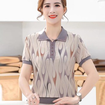 媽媽夏裝氣質小衫中年女翻領短袖T恤中老年洋氣冰絲上衣加肥大碼