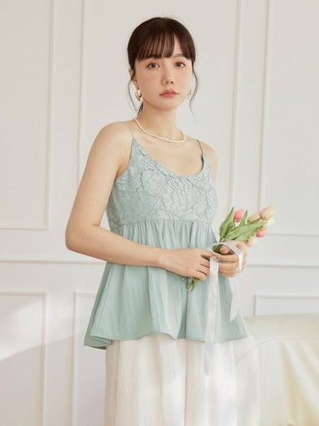 蕾絲腰抓褶傘襬細肩背心