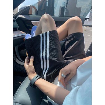 大碼條紋速干短褲男春美式撞色三條杠直筒沙灘褲子潮牌百搭五分褲