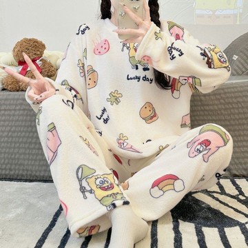 法蘭絨睡衣女秋冬季珊瑚絨加絨保暖女士宿舍家居服女生睡衣 可愛睡衣 卡通睡衣 居家睡衣  休閒睡衣 寬鬆睡衣 睡衣套裝女