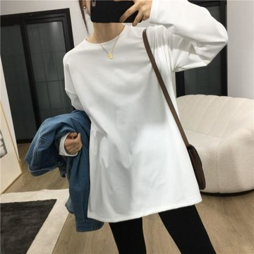 早秋新款純棉圓領寬松百搭中長款白色長袖t恤打底衫女內搭上衣潮