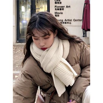 韓版毛線針織圍巾女秋冬季加厚保暖圍脖學生純色潮紅色百搭款米色