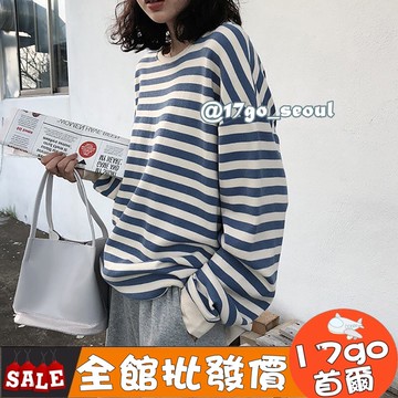 🔥現貨出清🔥  E35 薄長袖上衣 港風條紋衛衣 女 秋季韓版寬鬆慵懶風bf鹽系長袖百搭上衣服 長袖上衣 長袖大學T