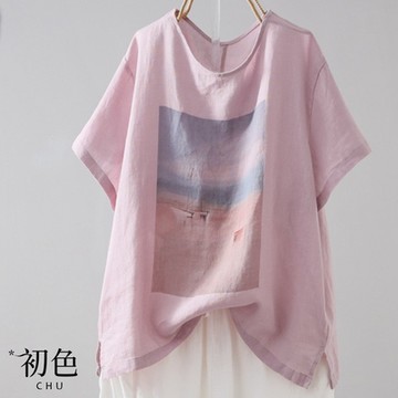 初色  輕薄圓領短袖印花上衣棉麻風T恤女上衣-共3色-34771(M-2XL可選)