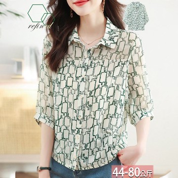 雪紡翻領塗鴉格子五分袖襯衫 M-4XL【191801X】【現+預】-流行前線-