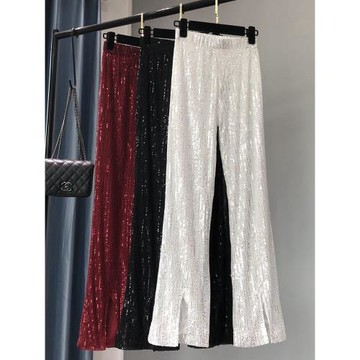 2022夏季新款薄款亮片修身顯瘦微喇叭褲大長腿垂感高腰拖地長褲女