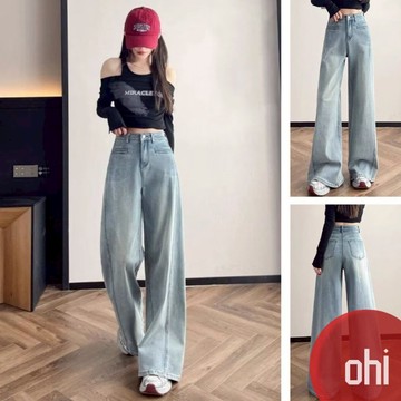【ohi】淺色復古闊腿牛仔褲 小個子拖地褲 顯瘦牛仔長褲 長褲女 女生褲子 休閒長褲 大碼女裝 XGJYN76