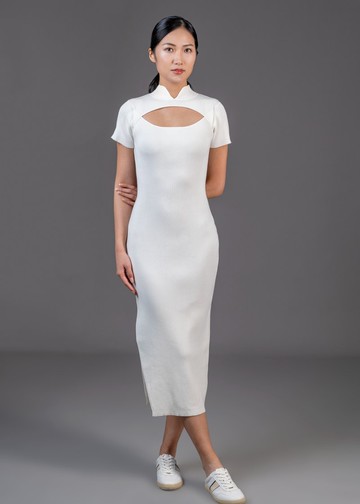 短袖鏤空側衩針織旗袍 (白色)