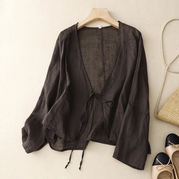 棉麻防曬衣外搭上衣夏季文藝復古系帶開衫女士寬松V領短款外套潮