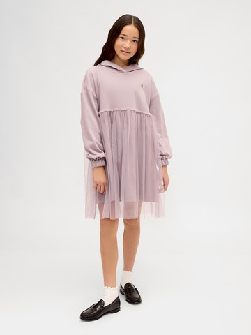 女童裝 小熊刺繡連帽長袖紗裙洋裝-淡紫色