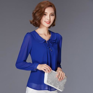 纖雯春秋娃娃領長袖女雪紡衫韓版寬松遮肚顯瘦上衣打底小衫雙層