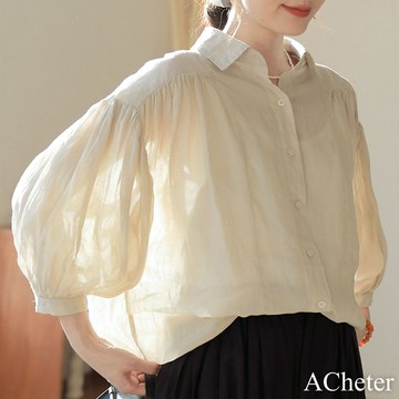 【ACheter】清涼防曬衣襯衫薄款長袖法式上衣棉麻中長版寬鬆外罩# 117964(現貨+預購)