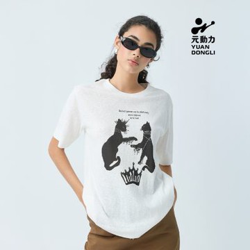 元動力 貓咪圖案印花竹節紗T恤(白；S-L)