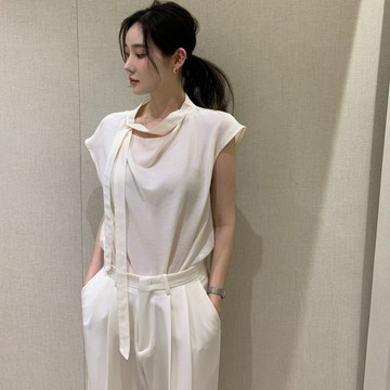 三色可選 甜美風飄帶上衣女 百搭短袖女 韓國女裝 chic氣質短袖女 純色素T 寬鬆t恤女 夏天女裝 粉色上衣 短版上衣
