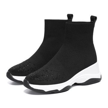 百麗曼綺新款小個子靴女顯高飛織彈力靴厚底春秋時尚真皮媽媽襪靴