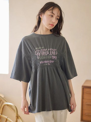 復古標語打印褶皺長版落肩T恤(01000325700) - earth music&ecology