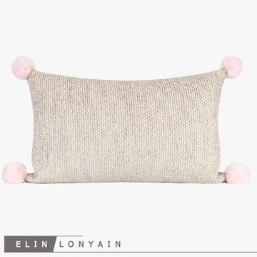 新品現代簡約輕奢粉色絨球麻棉雙面靠墊抱枕別墅樣板房女孩房腰枕