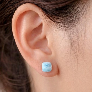 不感疼痛．免穿孔 磁吸式無孔耳環 拉利瑪石 8mm 方形 軟骨亦可配戴 天然石耳環