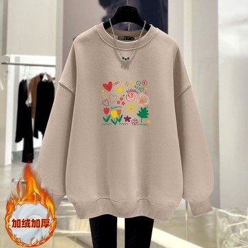 愛依依 衛衣 長袖T卹 學院風 印花上衣 中大尺碼 M-4XL新款圓領加絨長袖通勤簡約外套寬鬆中長款上衣-10612.