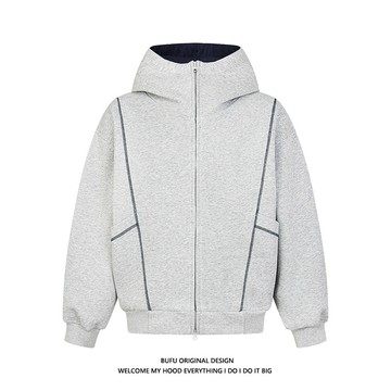 秋季淺灰色明線拼接開衫衛衣男美式重磅硬挺連帽衫高級感夾克外套