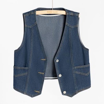 歐貨V領深藍牛仔馬甲女春秋季2025新款無袖背心外套寬松坎肩馬夾