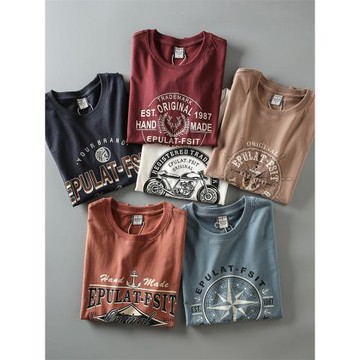 夏季新款水洗磨毛無感印花全棉男士美式休閑百搭短袖T恤打底衫潮