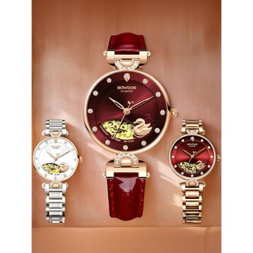 寶舵手表女款時尚全自動機械表真皮帶GG016氣質鑲鉆鏤空女表GG015