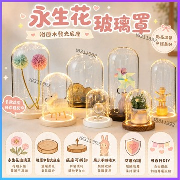 ✨台灣出貨✨手辦裝飾底座 永生花玻璃罩展示盒 diy手辦裝飾桌麵擺件幹花透明防塵罩工藝品 玻璃罩透明帶燈 放模型玻璃罩