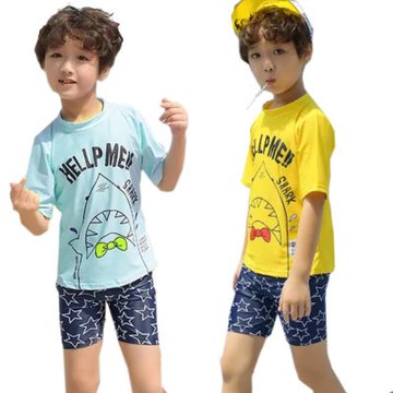 Biki.泳衣S-XL兒童泳裝哈薩鯊短袖二件式短褲