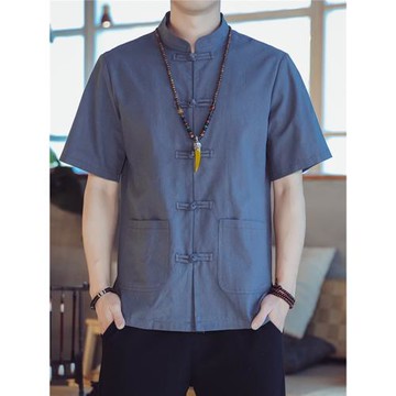 唐裝男夏季短袖中國風潮牌復古盤扣中式青年立領襯衫男士棉麻襯衣