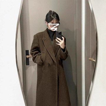 韓版西裝秋冬咖色高級感毛呢大衣外套新款過膝加厚中長款氣質呢子 鑫弘-素時衣櫥