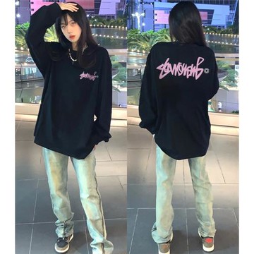 設計感創意字母印花早秋純棉長袖T恤女寬松oversize情侶打底上衣